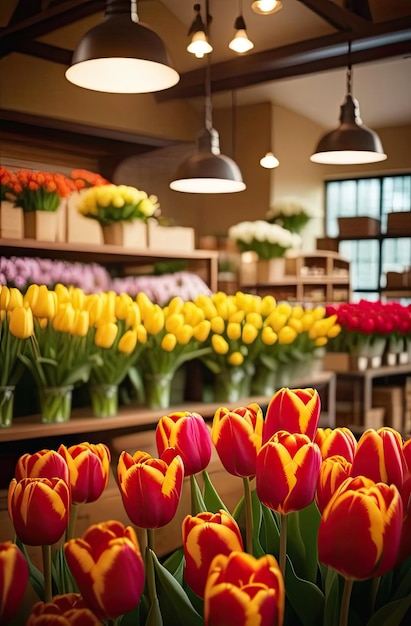 Foto bouquets colorati di tulipani in un negozio di fiori fiori tagliati freschi in scatole e vasi in un magazzino e scaffali per la vendita consegna per la vacanza primavera 8 marzo giorno di compleanno della donna ai generato