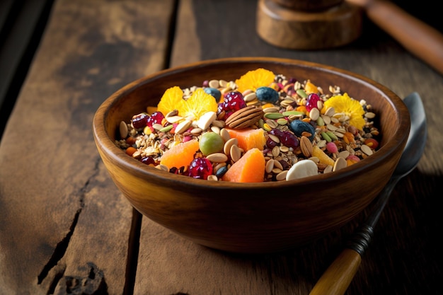 A colorful bowl dish of muesli with nuts is placed on a clean wooden table