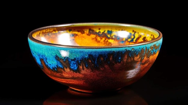 A colorful bowl is on a black background with a black background.