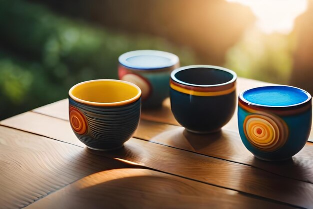 A colorful bowl with a design on it sits on a table.