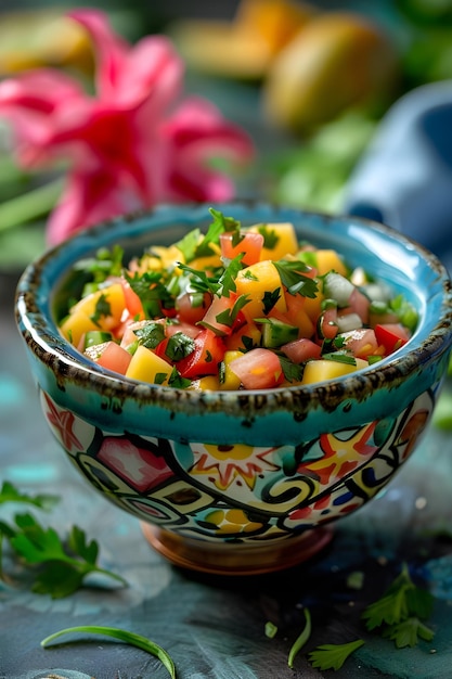 Foto una ciotola colorata con la salsa di mango