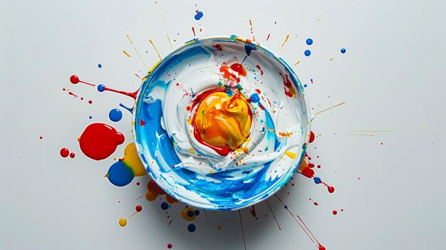 A colorful bowl with splatters of paint on it