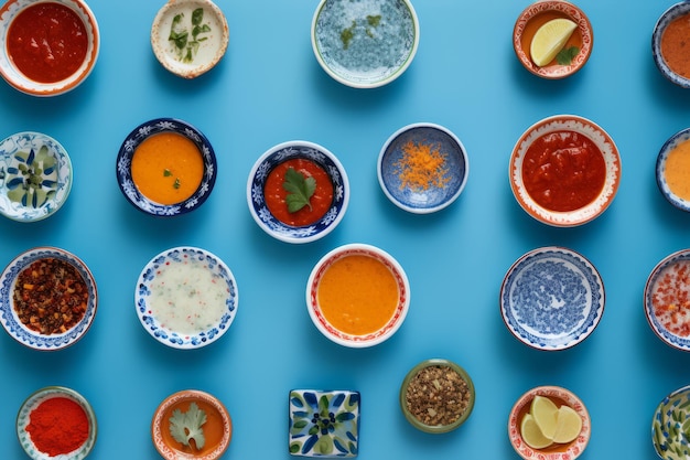 Colorful bowls with various sauces on blue background Top view