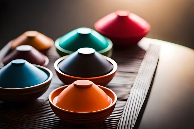 Photo colorful bowls on a wooden table with one that says 