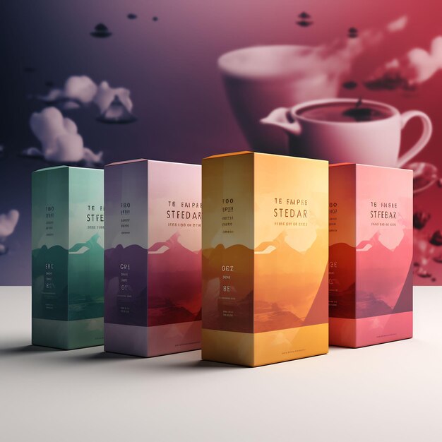 a colorful box of tea is next to a tea cup.