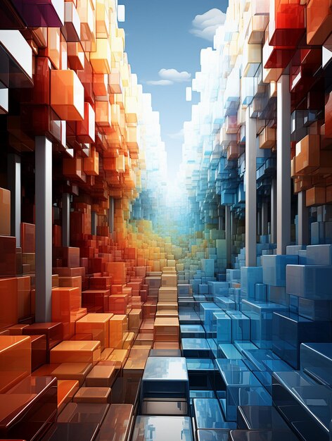 a colorful box in a warehouse with boxes stacked on top of each other.