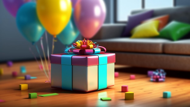 Photo a colorful box with balloons on the floor and a box of balloons.