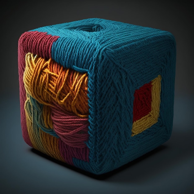 A colorful box with many yarns on it