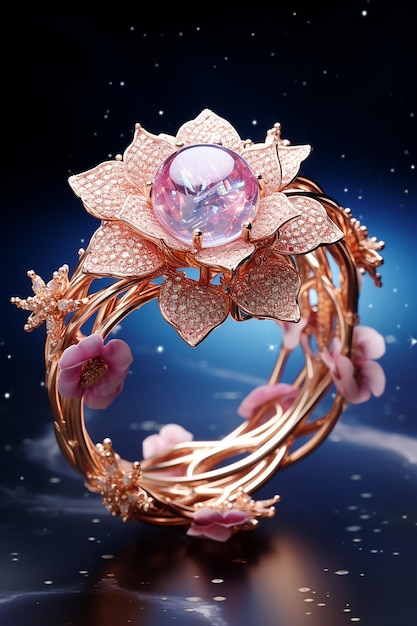 A colorful bracelet with a pink gold flower in it in the style of futuristic