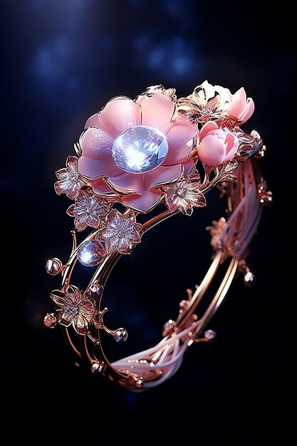 A colorful bracelet with a pink gold flower in it in the style of futuristic