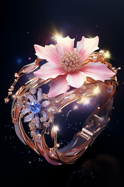 Foto un braccialetto colorato con un fiore d'oro rosa nello stile futuristico
