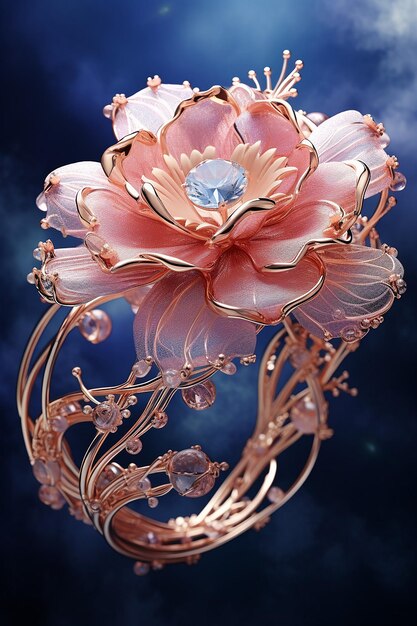 A colorful bracelet with a pink gold flower in it in the style of futuristic