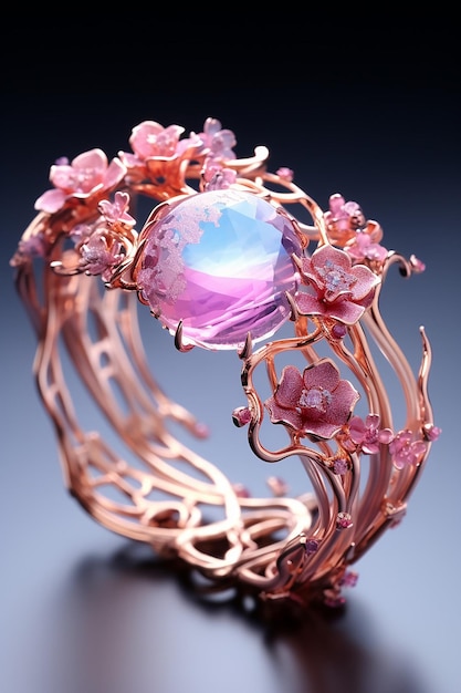 A colorful bracelet with a pink gold flower in it in the style of futuristic