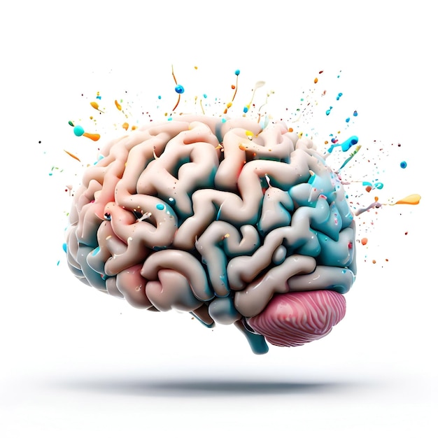 Красочный мозг показан с помощью брызг краски, генерирующей ИИ