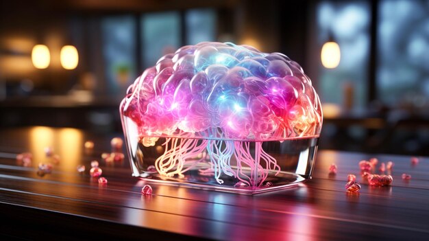 Colorful brain is shown on a table in a dark room