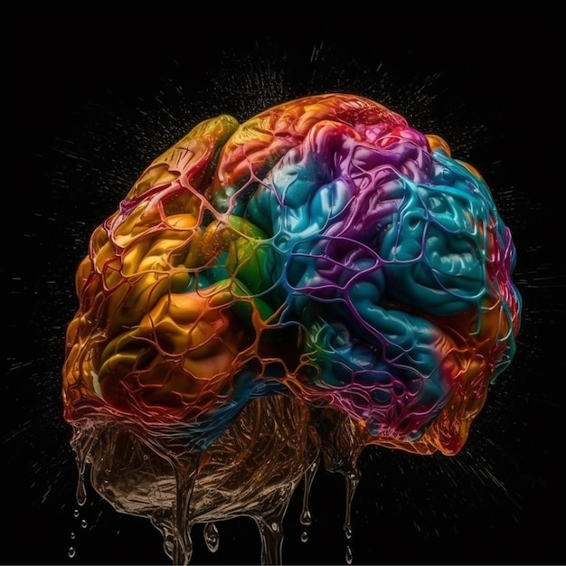 A colorful brain is shown with water dripping off of it.