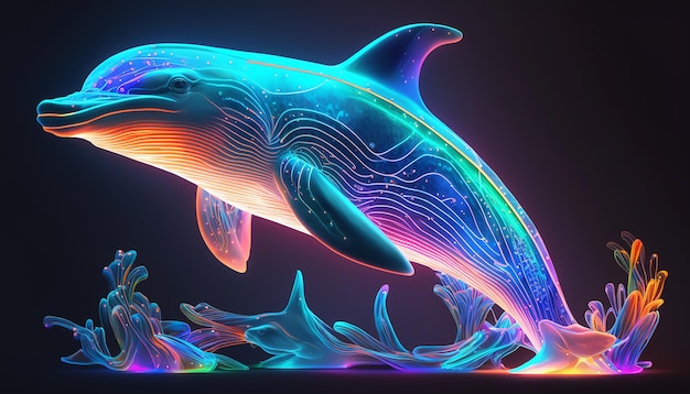 Красочный мозг неонового дельфина, светящегося животного, созданного с помощью Midjourney