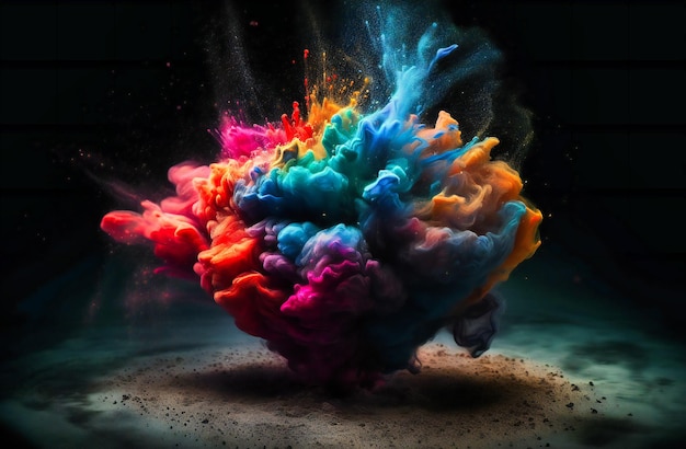 colorful brain with colored powder on dark background