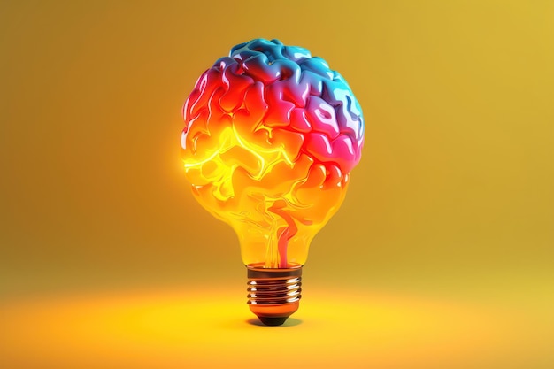 Photo colorful brain with a lightbulb on yellow background ai generated