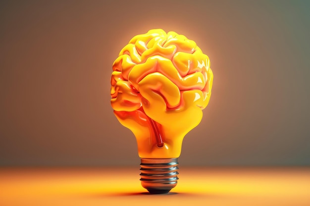 Colorful brain with a lightbulb on yellow background AI generated