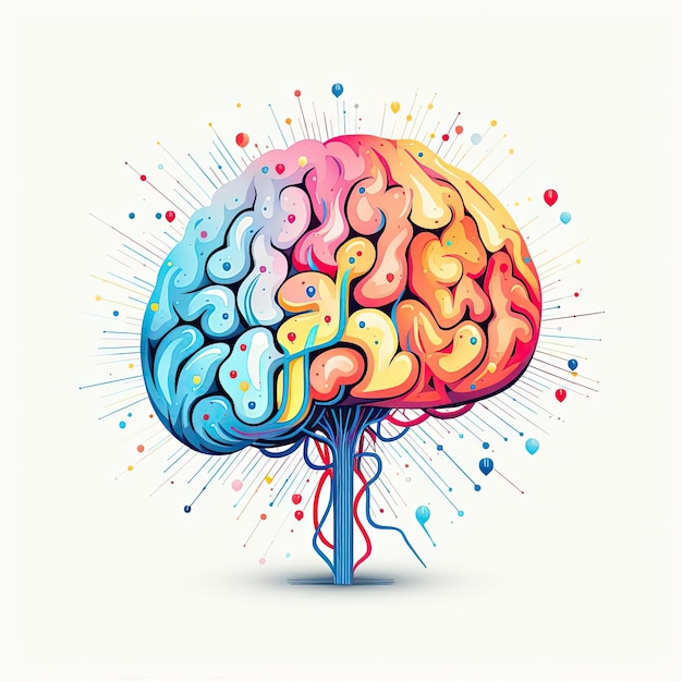 a colorful brain with shapes in it in the style of minimalist typography