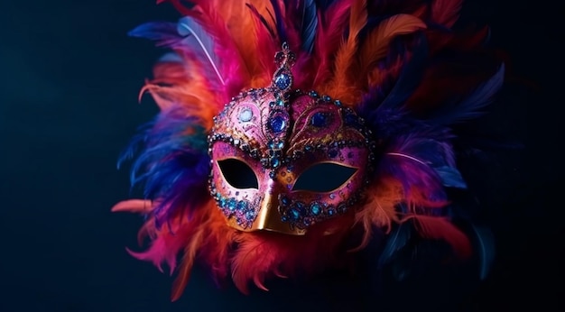 Colorful Brazilian carnival mask on a dark background created with Generative AI technology