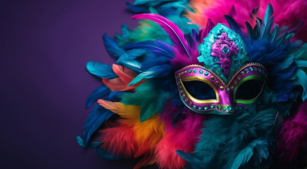紫色の背景のカラフルなブラジルのカーニバルマスクがジェネレーティブAI技術で作成されました