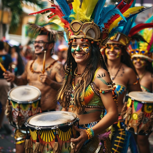 Foto la colorata esibizione dei batteristi del carnevale brasiliano