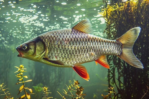 Colorful Bream Darting Among River Vegetation