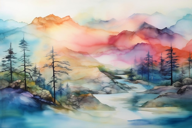 Colorful breathtaking landscape alcohol ink soft colors and fading into misty background