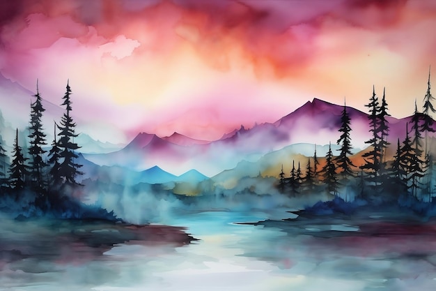 Colorful breathtaking landscape alcohol ink soft colors and fading into misty background