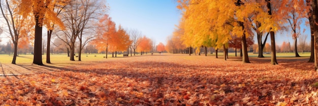 公園のぼやけた赤黄色とオレンジ色の紅葉を持つカラフルな明るい秋のウルトラワイド パノラマ背景