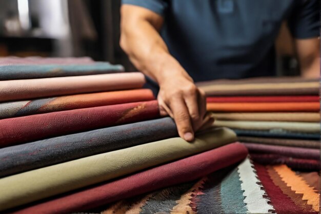 Colorful and bright fabric samples of furniture and clothing upholstery Closeup of a palette of