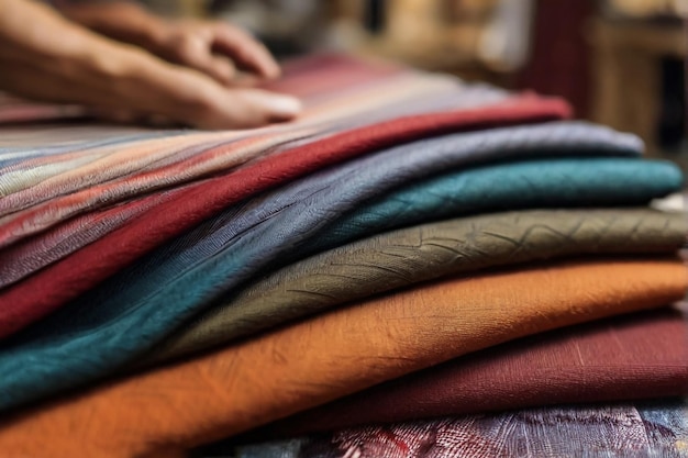Colorful and bright fabric samples of furniture and clothing upholstery Closeup of a palette of