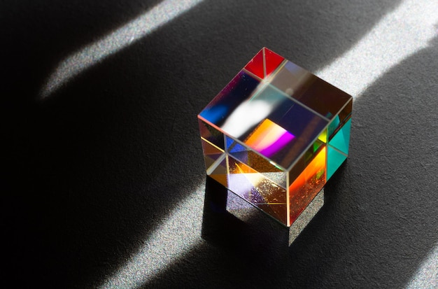 Photo colorful bright glass prism cube refracting light in vivid rainbow colors