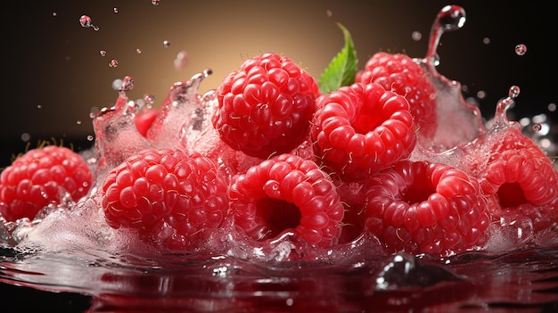 Colorful bright illustration advertising raspberries in clear water wide berry banner Generated AI