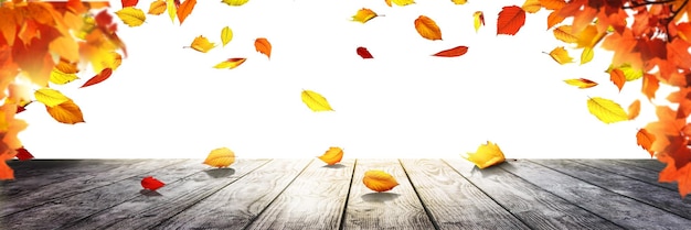 Colorful bright leaves falling on a wooden background