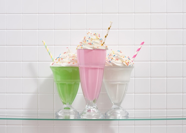 Colorful bright milkshakes with straws Sweet party and funny mood