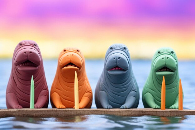 Photo colorful and bright miniature walrus figures