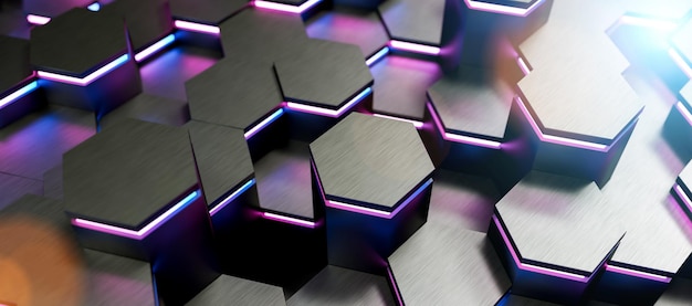 красочные яркие неоновые ультрафиолетовые синие и фиолетовые огни абстрактные шестиугольники фоновый узор, игровое концептуальное изображение - 3D рендеринг - Иллюстрация