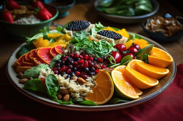 수분이 많은 과일 AI로 만든 신선하고 건강에 좋은 음식이 포함된 화려하고 밝은 접시
