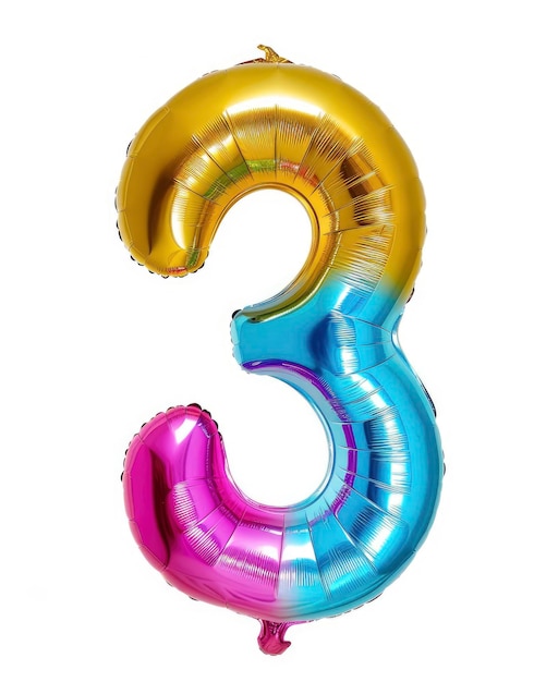 Photo colorful bright and vibrant birthday foil balloon in shape on number 3 isolated on white