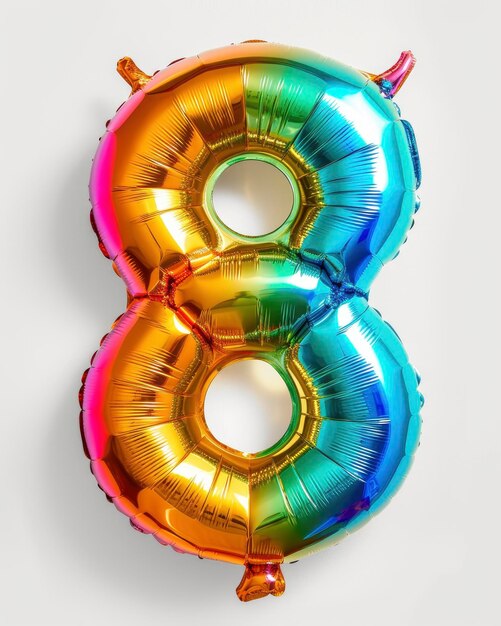 Photo colorful bright and vibrant birthday foil balloon in shape on number 8 isolated on white