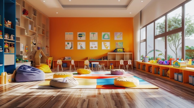 Photo colorful and brightlylit childrens playroom with educational toys and artwork