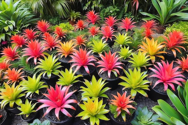 Colorati fiori di bromelia decorano lo sfondo delle piante del vivaio del giardino