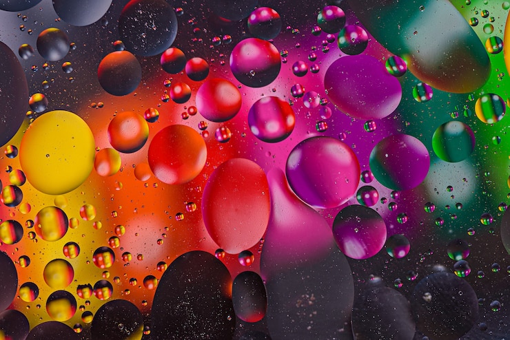 Colorful bubble background, colored drops of water and oil, abstract background