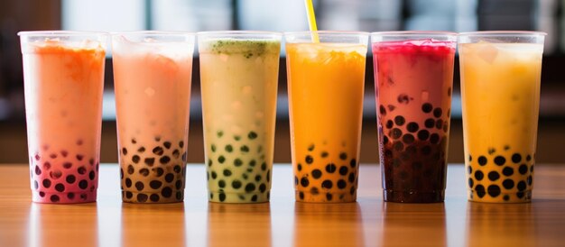 Colorful bubble tea drinks on the table