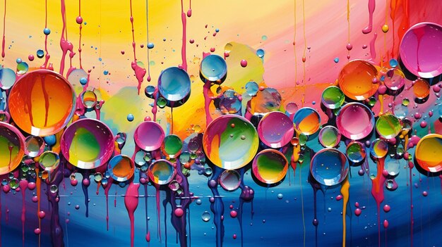 Colorful bubbles floating on a reflective surface creating a serene and playful atmosphere