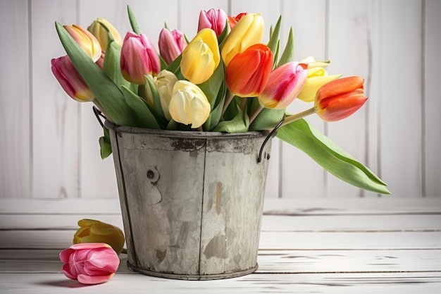 Colorful bucket filled with fresh tulips Generative AI