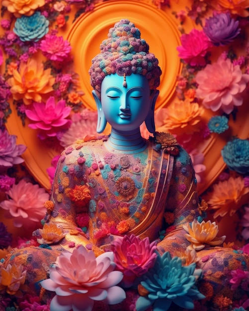 A colorful buddha statue sits in front of a colorful flower arrangement.